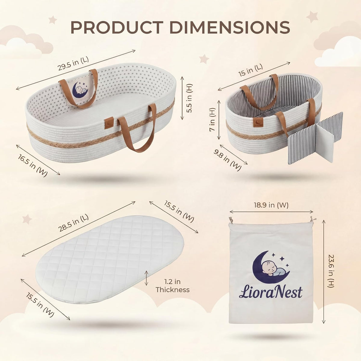 Baby Changing Basket for Dresser with Waterproof Changing Pad, Organic Cotton Rope Diaper Changing Basket Set with Diaper Caddy, Moses Basket Style Nursery Changing Basket for Changing Table