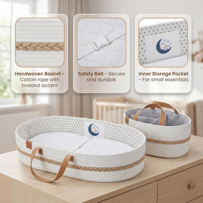 Baby Changing Basket for Dresser with Waterproof Changing Pad, Organic Cotton Rope Diaper Changing Basket Set with Diaper Caddy, Moses Basket Style Nursery Changing Basket for Changing Table
