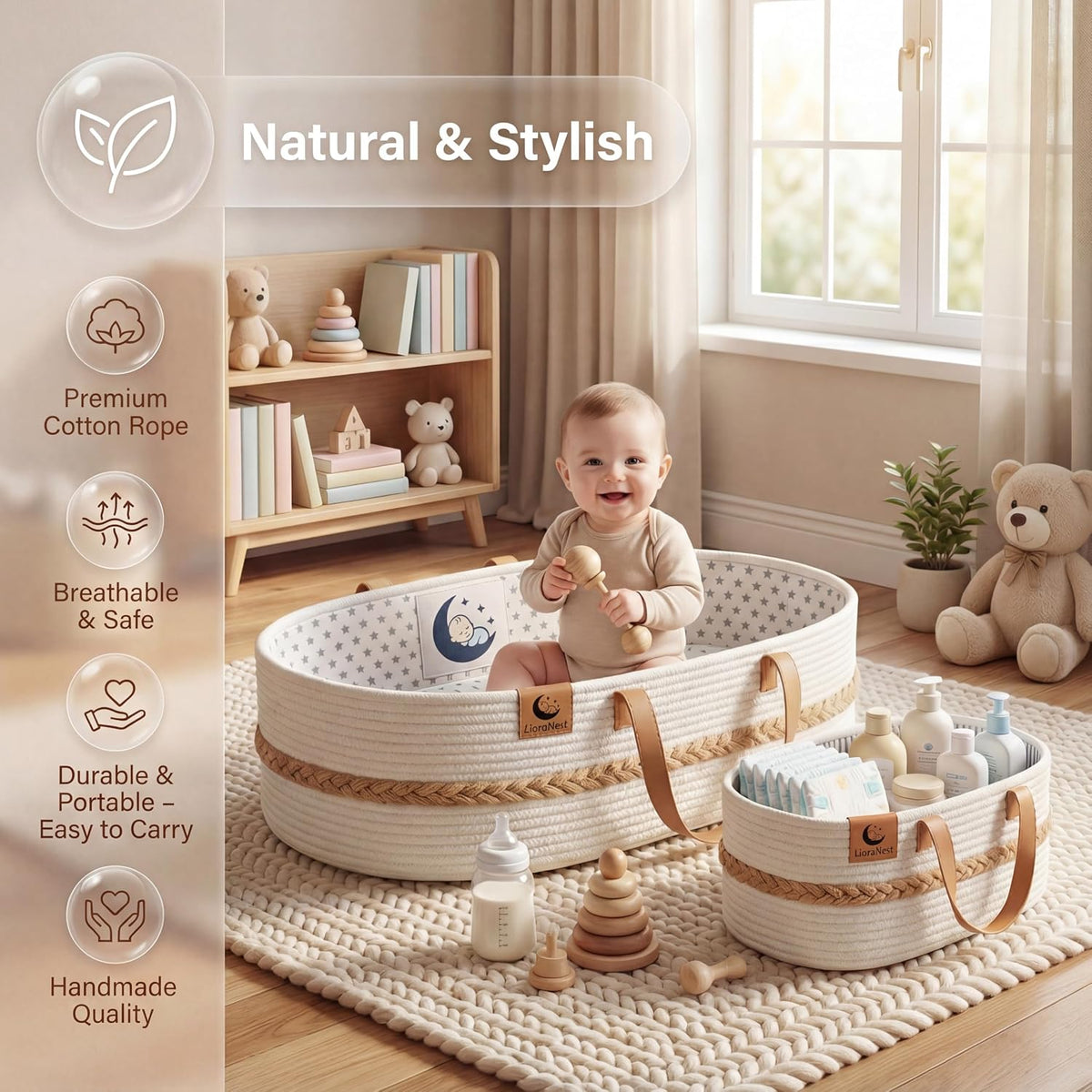 Baby Changing Basket for Dresser with Waterproof Changing Pad, Organic Cotton Rope Diaper Changing Basket Set with Diaper Caddy, Moses Basket Style Nursery Changing Basket for Changing Table