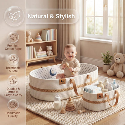 Baby Changing Basket for Dresser with Waterproof Changing Pad, Organic Cotton Rope Diaper Changing Basket Set with Diaper Caddy, Moses Basket Style Nursery Changing Basket for Changing Table