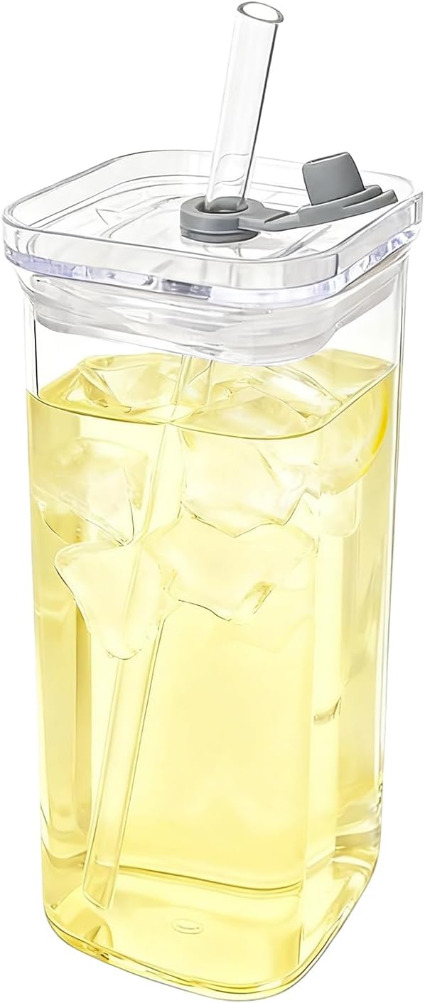 Square Drinking Glasses – Heat-Resistant Glassware With Lid And Straws | Beverage Cup For Coffee, Tea, Juice, Desk, Kitchen, Office, Travel, Home, Party, Bedroom, Reusable Drinkware Set