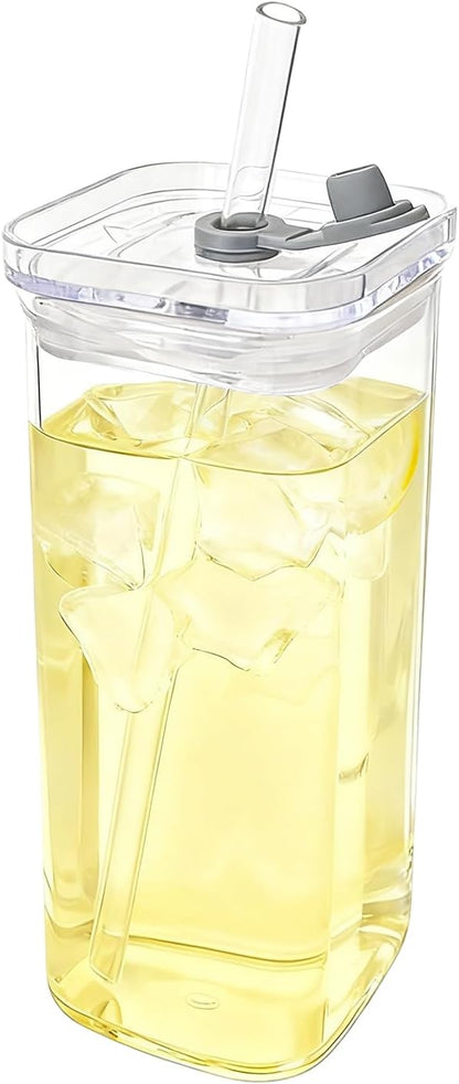 Square Drinking Glasses – Heat-Resistant Glassware With Lid And Straws | Beverage Cup For Coffee, Tea, Juice, Desk, Kitchen, Office, Travel, Home, Party, Bedroom, Reusable Drinkware Set