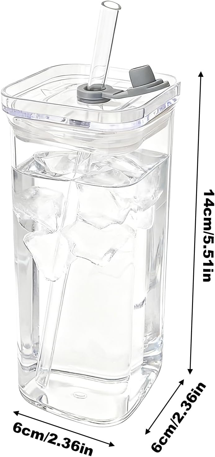 Square Drinking Glasses – Heat-Resistant Glassware With Lid And Straws | Beverage Cup For Coffee, Tea, Juice, Desk, Kitchen, Office, Travel, Home, Party, Bedroom, Reusable Drinkware Set