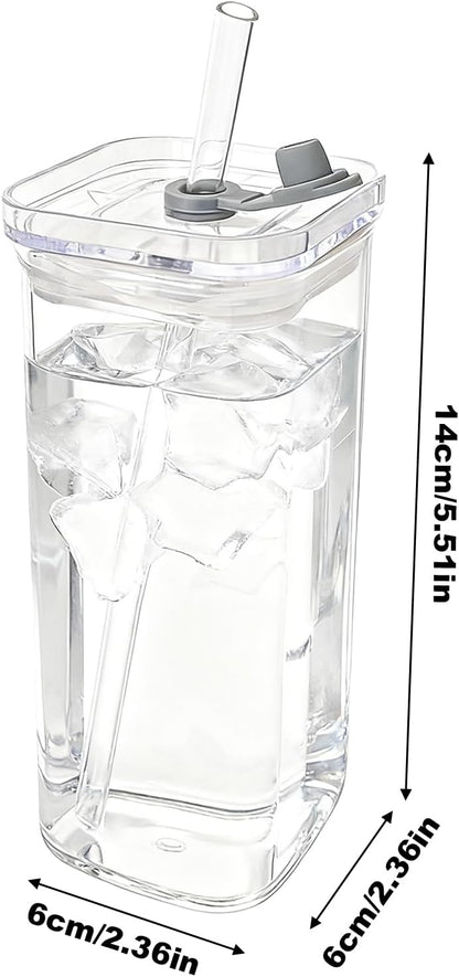 Square Drinking Glasses – Heat-Resistant Glassware With Lid And Straws | Beverage Cup For Coffee, Tea, Juice, Desk, Kitchen, Office, Travel, Home, Party, Bedroom, Reusable Drinkware Set