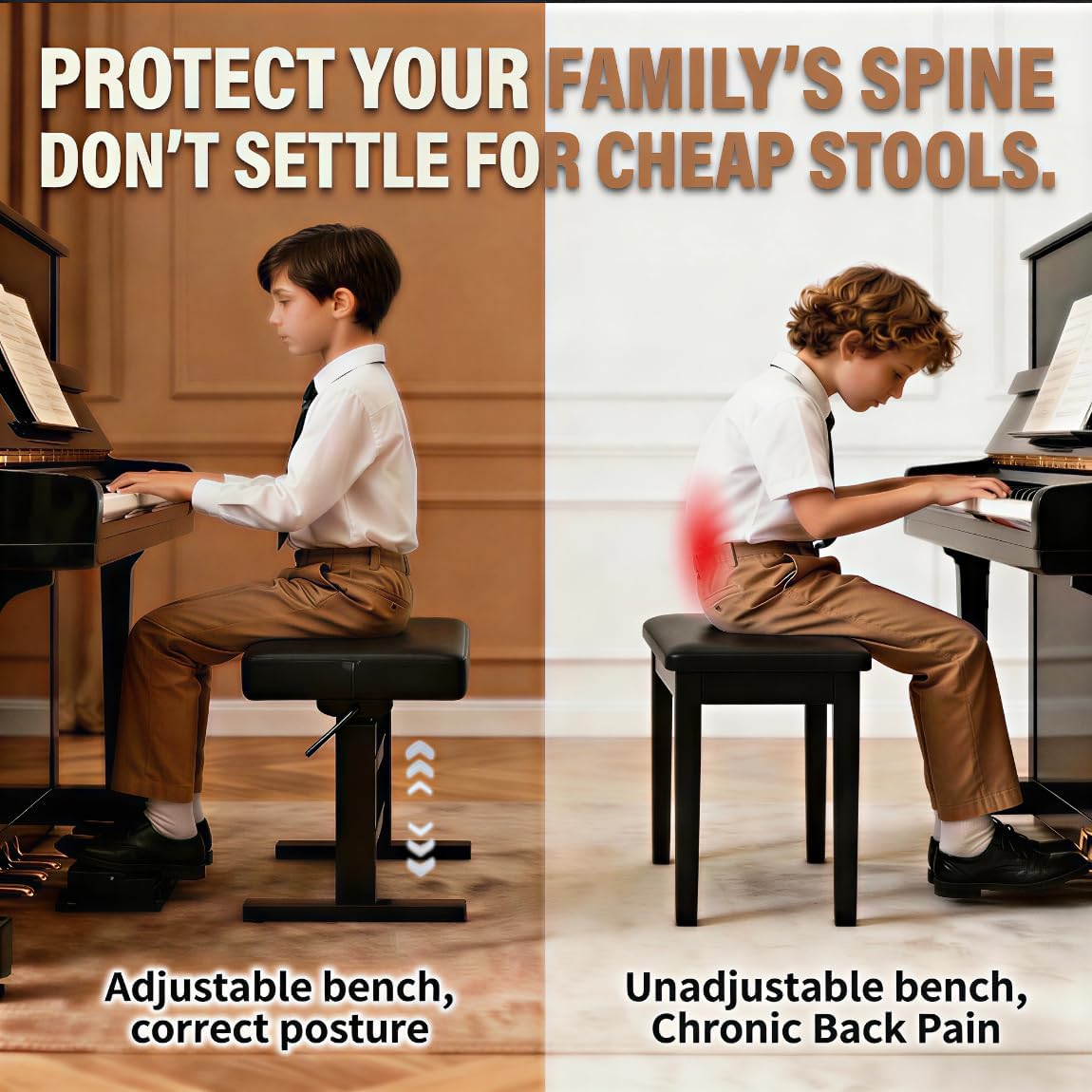 Adjustable Piano Bench, Comfortable Padded Keyboard Stool, Black
