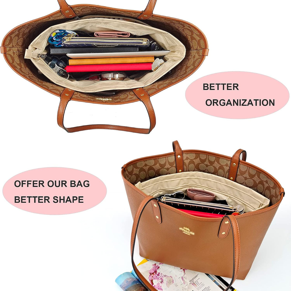 Handbag Tote Purse Organizer Insert, Large, Black