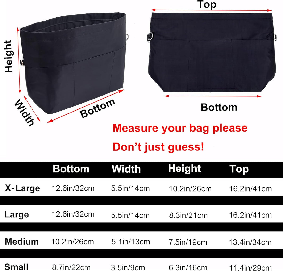 Handbag Tote Purse Organizer Insert, Large, Black