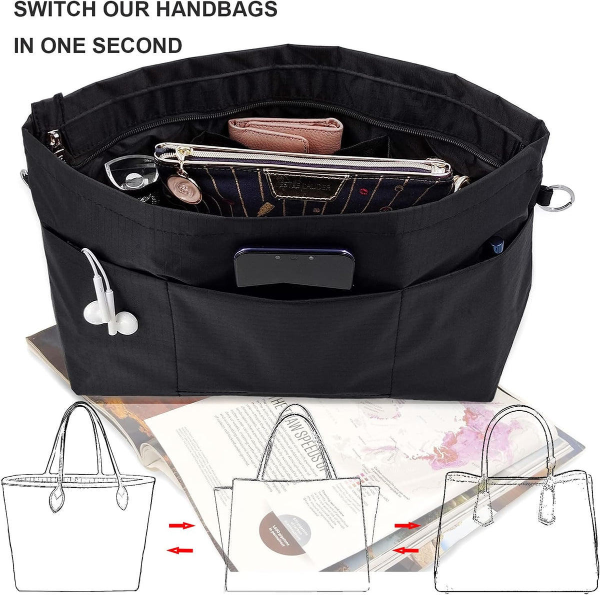 Handbag Tote Purse Organizer Insert, Large, Black