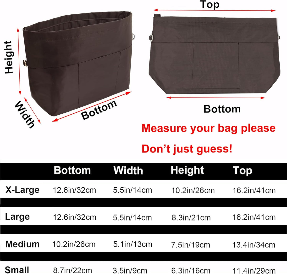 Handbag Tote Purse Organizer Insert, Large, Black