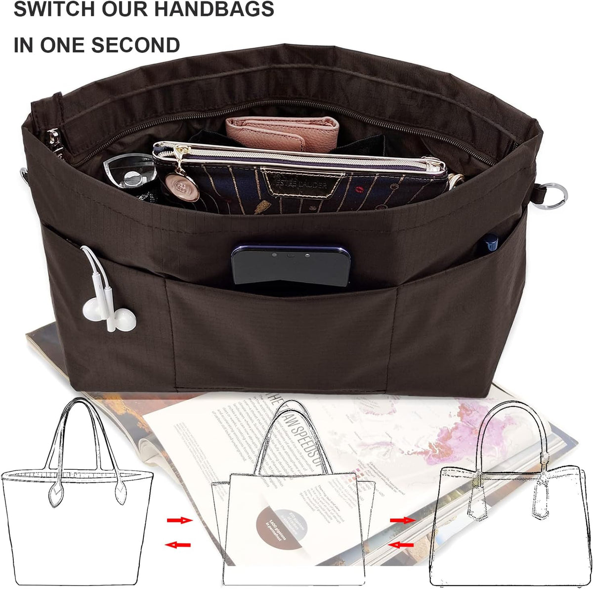 Handbag Tote Purse Organizer Insert, Large, Black