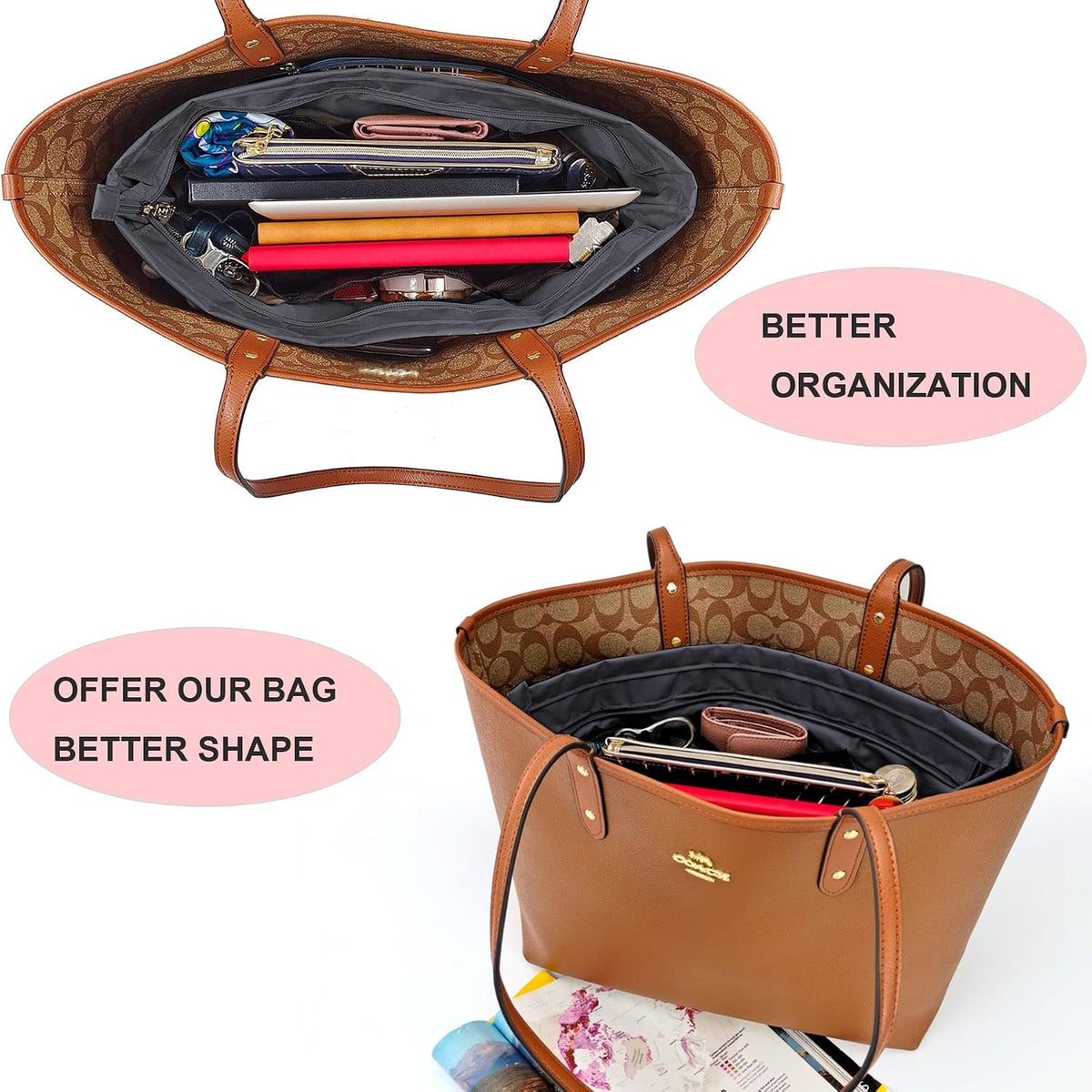 Handbag Tote Purse Organizer Insert, Large, Black
