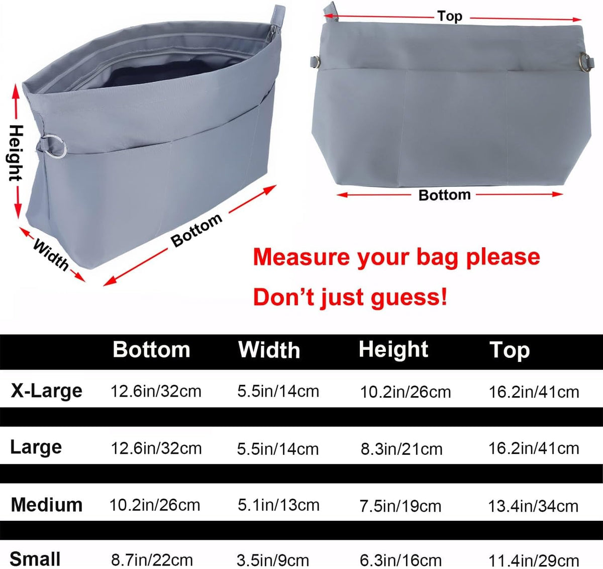 Handbag Tote Purse Organizer Insert, Large, Black