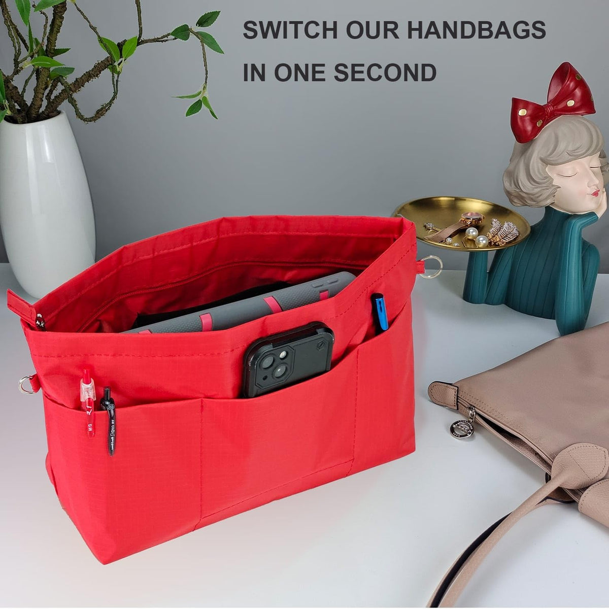 Handbag Tote Purse Organizer Insert, Large, Black