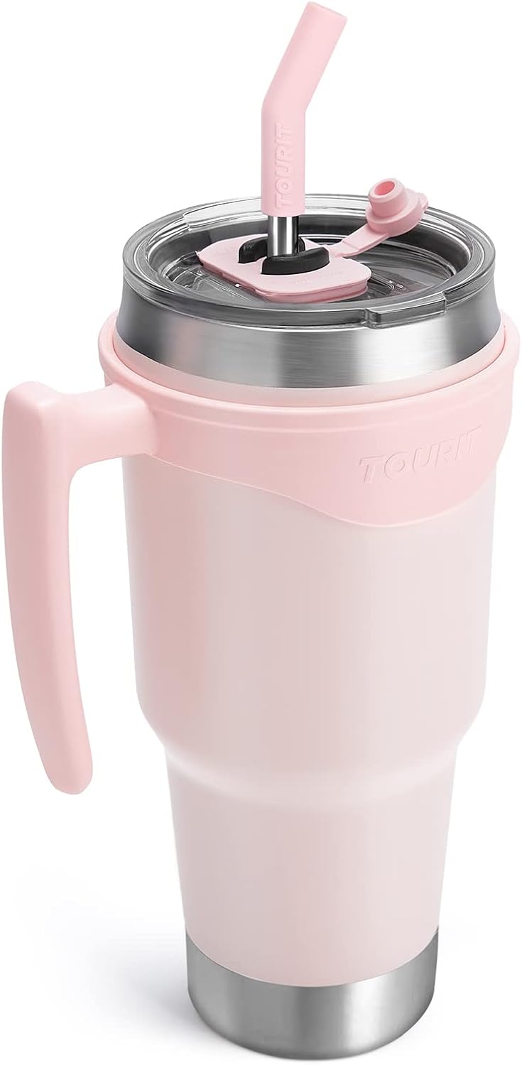 40 oz Tumbler with Handle and Straw, 3 in 1 Sip-All-Way Lid Insulated Tumblers, Reusable Stainless Steel Water Bottle for Keep Cold 34Hs or Hot 10Hs, Gifts for Women Men, Pink