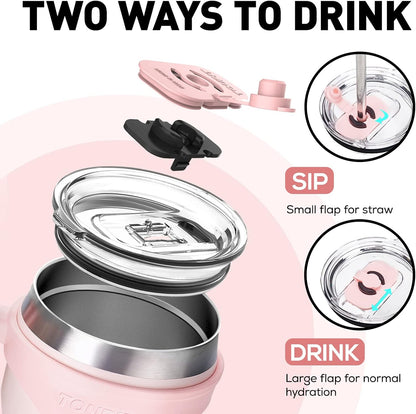 40 oz Tumbler with Handle and Straw, 3 in 1 Sip-All-Way Lid Insulated Tumblers, Reusable Stainless Steel Water Bottle for Keep Cold 34Hs or Hot 10Hs, Gifts for Women Men, Pink
