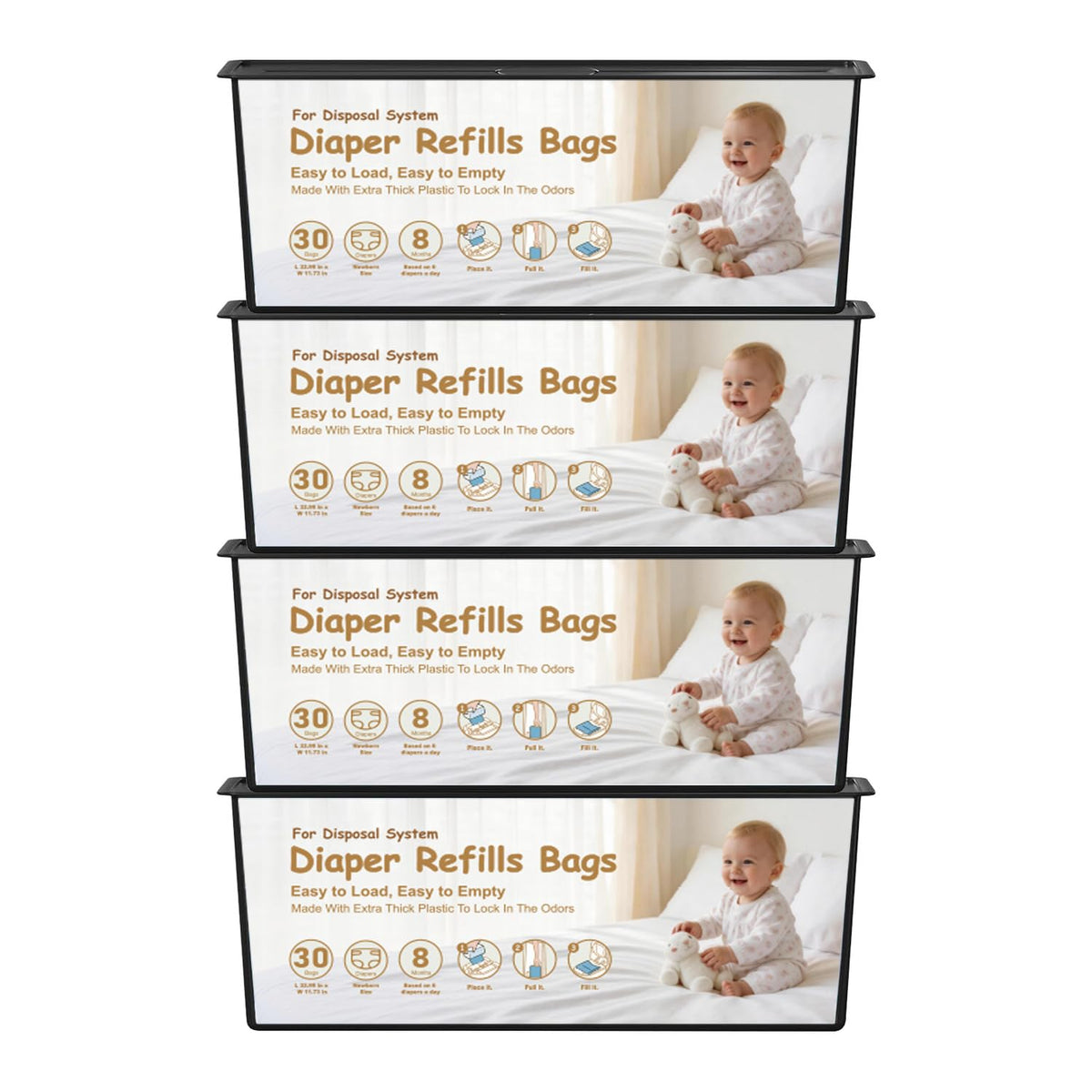 120 Bags Diaper Pail Refills Bags Compatible with Genie Easy Roll Signature & Platinum Diaper Pails,Each 30 Bags Holds Up to 1410 Newborn Diapers,7-Layer Odor-Barrier Technology (4 Pack)