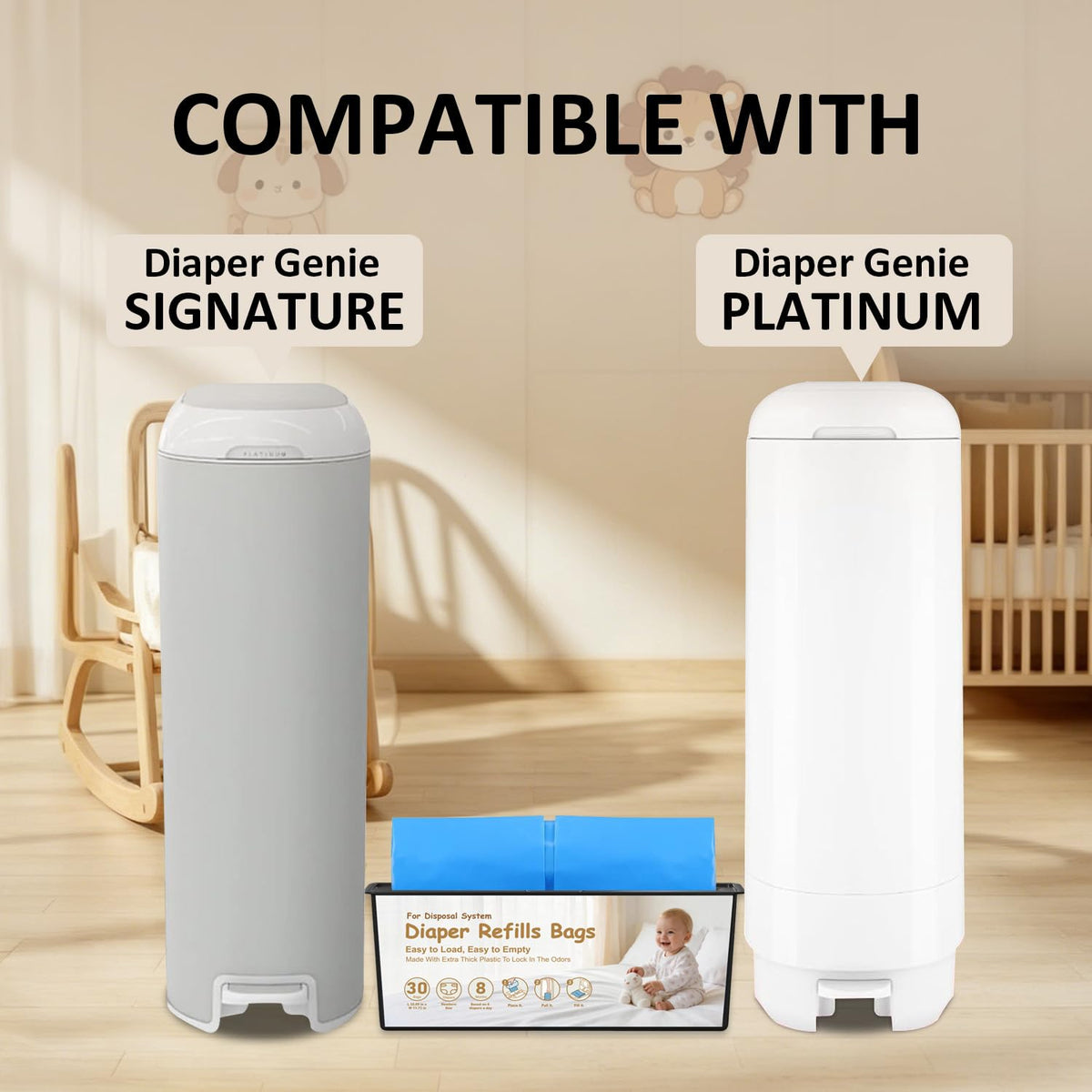 120 Bags Diaper Pail Refills Bags Compatible with Genie Easy Roll Signature & Platinum Diaper Pails,Each 30 Bags Holds Up to 1410 Newborn Diapers,7-Layer Odor-Barrier Technology (4 Pack)