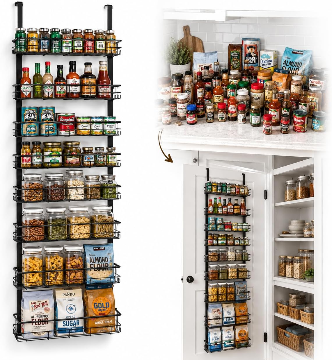 Pantry Door Organizer, 9-Tier Over The Door Pantry Organizer for Kitchen Pantry Storage, Adjustable Metal Hanging Spice Rack with 9 Baskets for Pantry Kitchen Bathroom Laundry Room Closet, Black