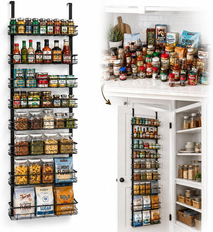Pantry Door Organizer, 9-Tier Over The Door Pantry Organizer for Kitchen Pantry Storage, Adjustable Metal Hanging Spice Rack with 9 Baskets for Pantry Kitchen Bathroom Laundry Room Closet, Black