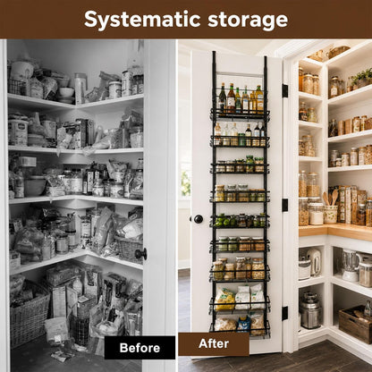 Pantry Door Organizer, 9-Tier Over The Door Pantry Organizer for Kitchen Pantry Storage, Adjustable Metal Hanging Spice Rack with 9 Baskets for Pantry Kitchen Bathroom Laundry Room Closet, Black