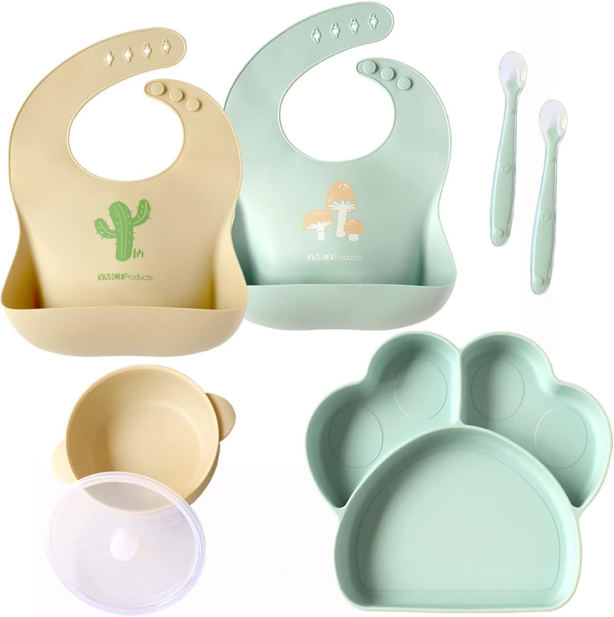 Baby or Toddler Feeding Set | Silicone Bib, Divided Plates, Suction Bowls & Spoons, Dishwasher-Safe, Easy-Wipe Cleaning (Beige/Sage)