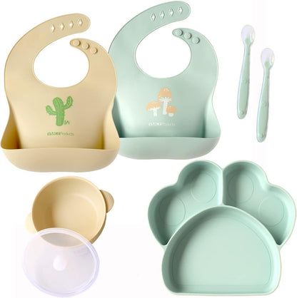 Baby or Toddler Feeding Set | Silicone Bib, Divided Plates, Suction Bowls & Spoons, Dishwasher-Safe, Easy-Wipe Cleaning (Beige/Sage)