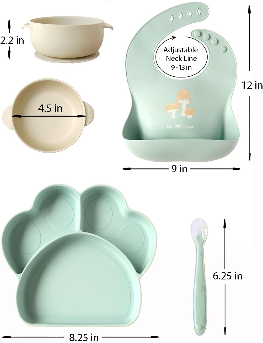 Baby or Toddler Feeding Set | Silicone Bib, Divided Plates, Suction Bowls & Spoons, Dishwasher-Safe, Easy-Wipe Cleaning (Beige/Sage)