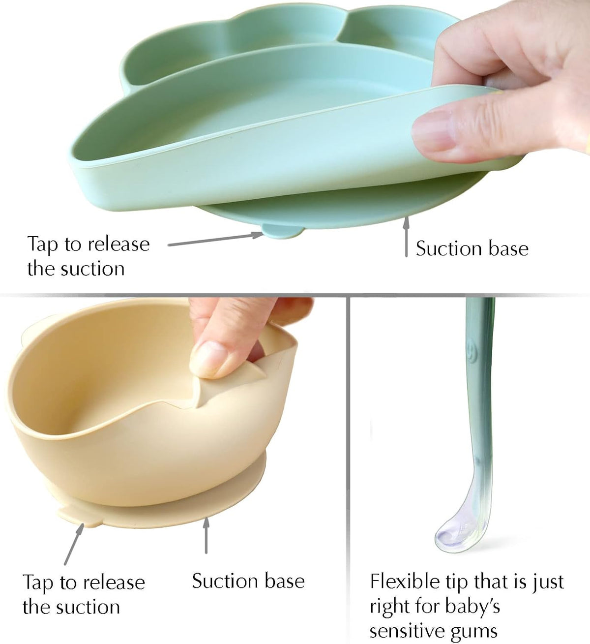 Baby or Toddler Feeding Set | Silicone Bib, Divided Plates, Suction Bowls & Spoons, Dishwasher-Safe, Easy-Wipe Cleaning (Beige/Sage)