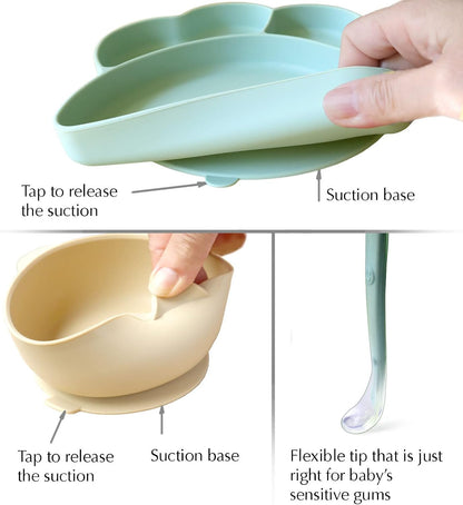 Baby or Toddler Feeding Set | Silicone Bib, Divided Plates, Suction Bowls & Spoons, Dishwasher-Safe, Easy-Wipe Cleaning (Beige/Sage)
