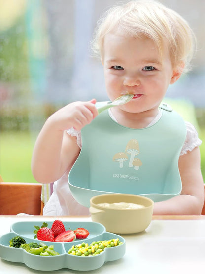 Baby or Toddler Feeding Set | Silicone Bib, Divided Plates, Suction Bowls & Spoons, Dishwasher-Safe, Easy-Wipe Cleaning (Beige/Sage)