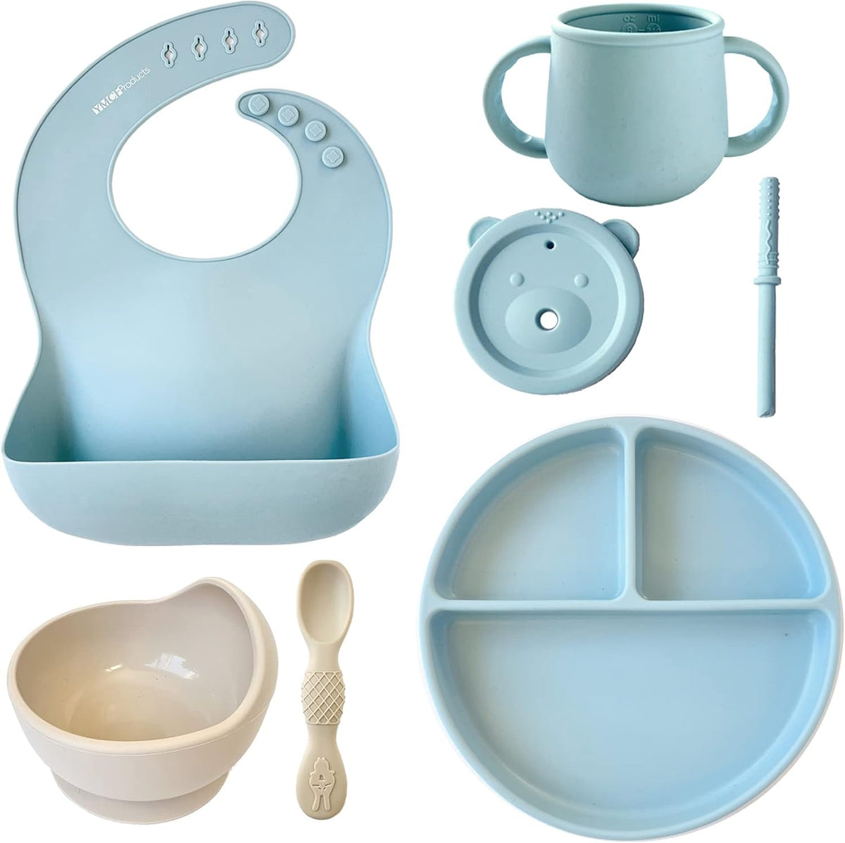 Baby or Toddler Feeding Set | Silicone Bib, Divided Plates, Suction Bowls & Spoons, Dishwasher-Safe, Easy-Wipe Cleaning (Beige/Sage)