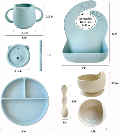Baby or Toddler Feeding Set | Silicone Bib, Divided Plates, Suction Bowls & Spoons, Dishwasher-Safe, Easy-Wipe Cleaning (Beige/Sage)