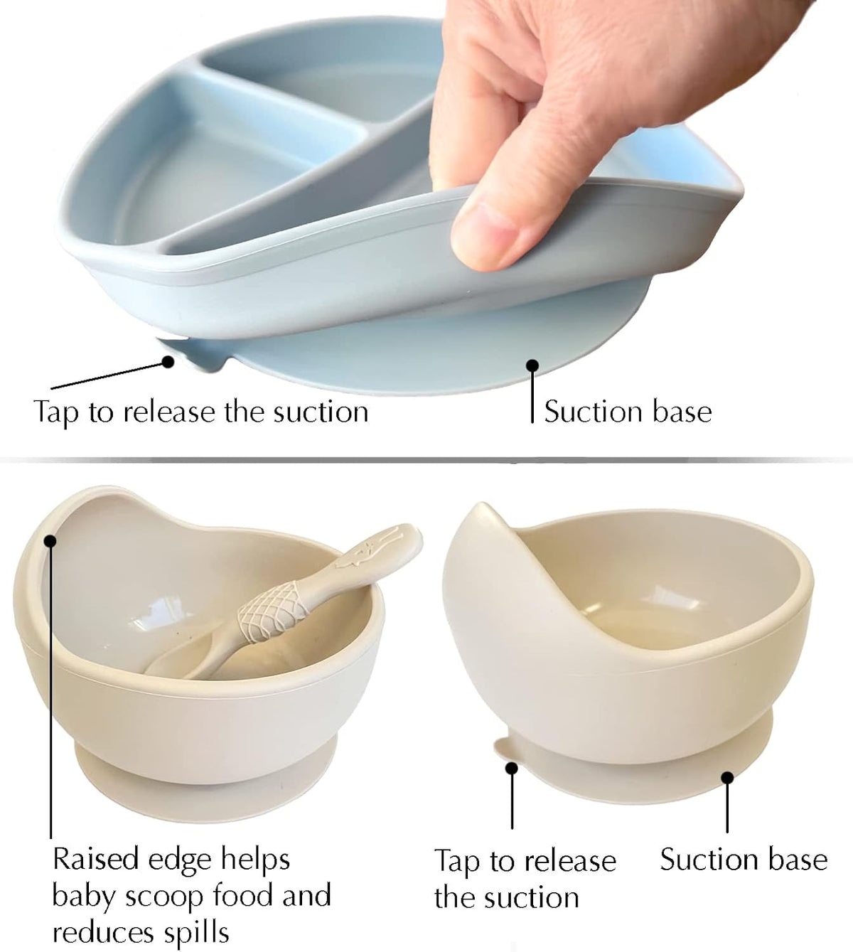 Baby or Toddler Feeding Set | Silicone Bib, Divided Plates, Suction Bowls & Spoons, Dishwasher-Safe, Easy-Wipe Cleaning (Beige/Sage)