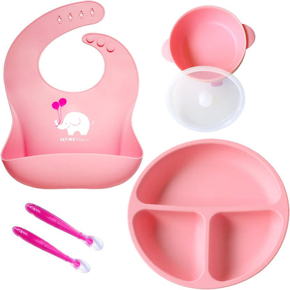 Baby or Toddler Feeding Set | Silicone Bib, Divided Plates, Suction Bowls & Spoons, Dishwasher-Safe, Easy-Wipe Cleaning (Beige/Sage)