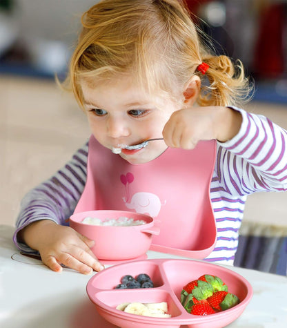 Baby or Toddler Feeding Set | Silicone Bib, Divided Plates, Suction Bowls & Spoons, Dishwasher-Safe, Easy-Wipe Cleaning (Beige/Sage)
