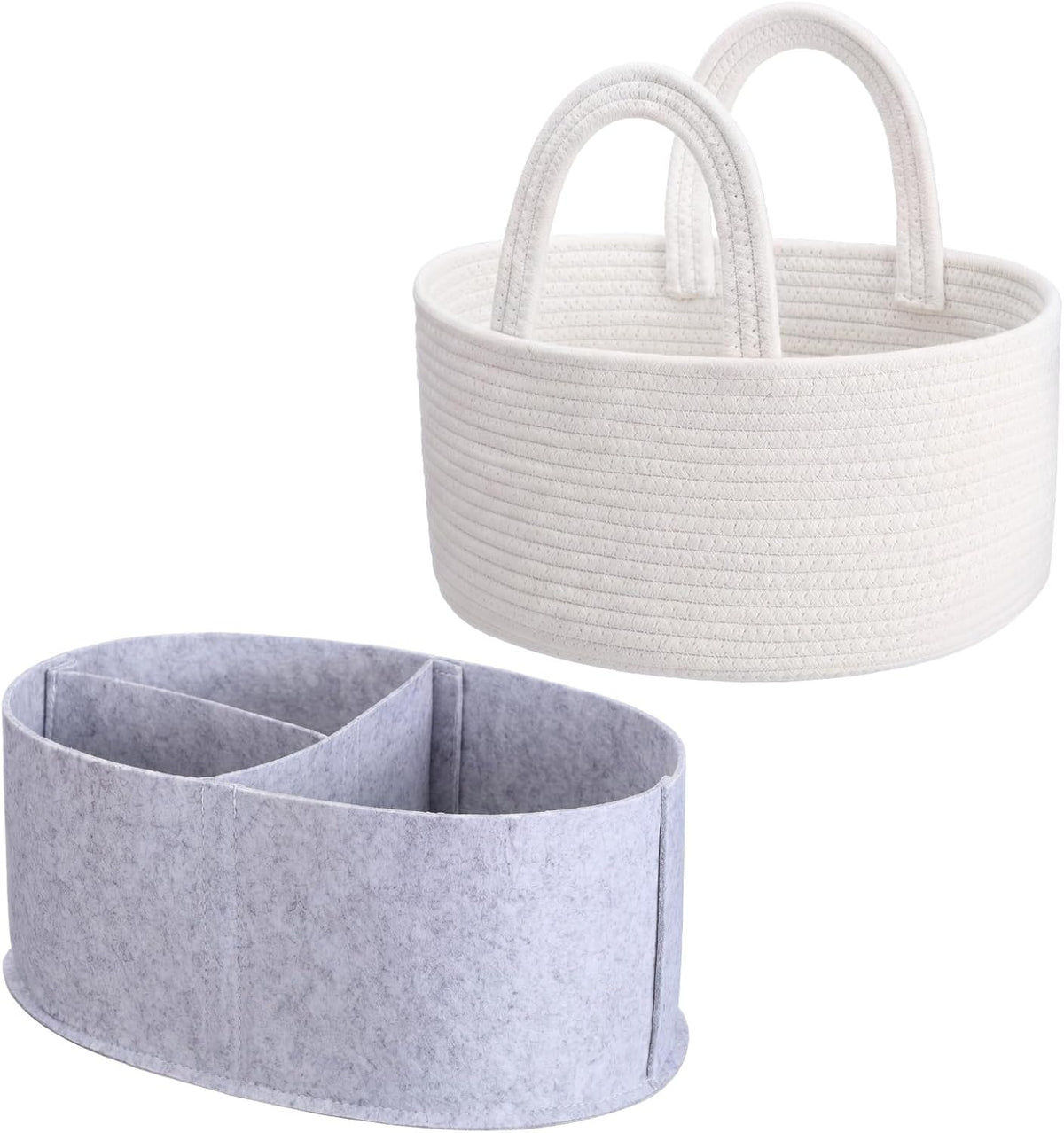 2-in-1 Baby Diaper Caddy Organizer - Cotton Rope Basket with Removable Felt Liner & Dividers, Portable Nursery Storage Bin for Changing Table & Car, or New Mom