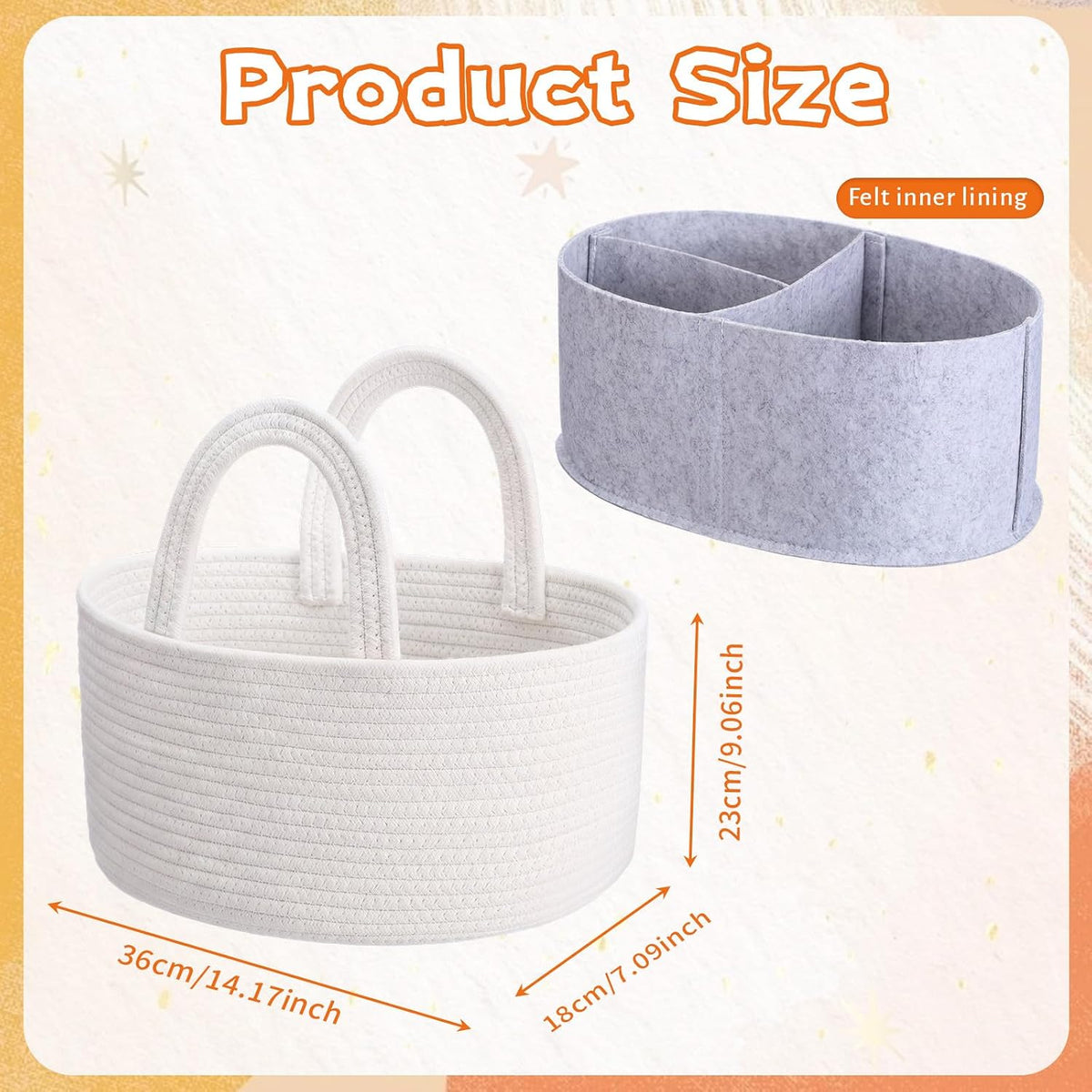 2-in-1 Baby Diaper Caddy Organizer - Cotton Rope Basket with Removable Felt Liner & Dividers, Portable Nursery Storage Bin for Changing Table & Car, or New Mom