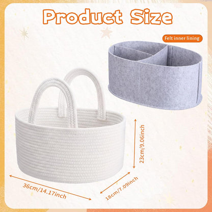 2-in-1 Baby Diaper Caddy Organizer - Cotton Rope Basket with Removable Felt Liner & Dividers, Portable Nursery Storage Bin for Changing Table & Car, or New Mom