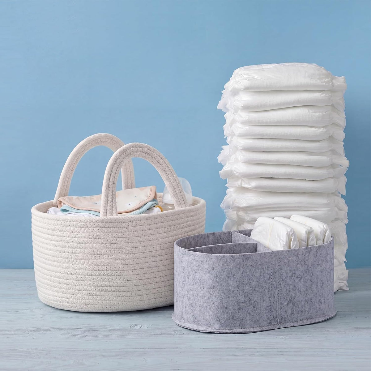2-in-1 Baby Diaper Caddy Organizer - Cotton Rope Basket with Removable Felt Liner & Dividers, Portable Nursery Storage Bin for Changing Table & Car, or New Mom
