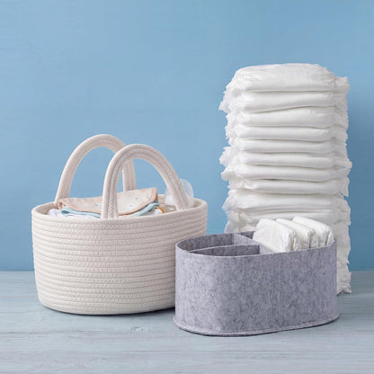 2-in-1 Baby Diaper Caddy Organizer - Cotton Rope Basket with Removable Felt Liner & Dividers, Portable Nursery Storage Bin for Changing Table & Car, or New Mom