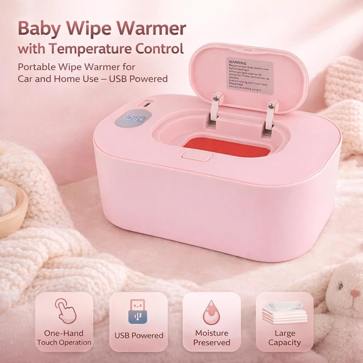 Baby Wipe Warmer, Portable Wet Wipe Warmer & Diaper Wipe Warmer Dispenser with Large Capacity, Constant Temperature USB Powered Wipes Warmer for Home, Car & Travel, 7.87x4.72x3.74in, White