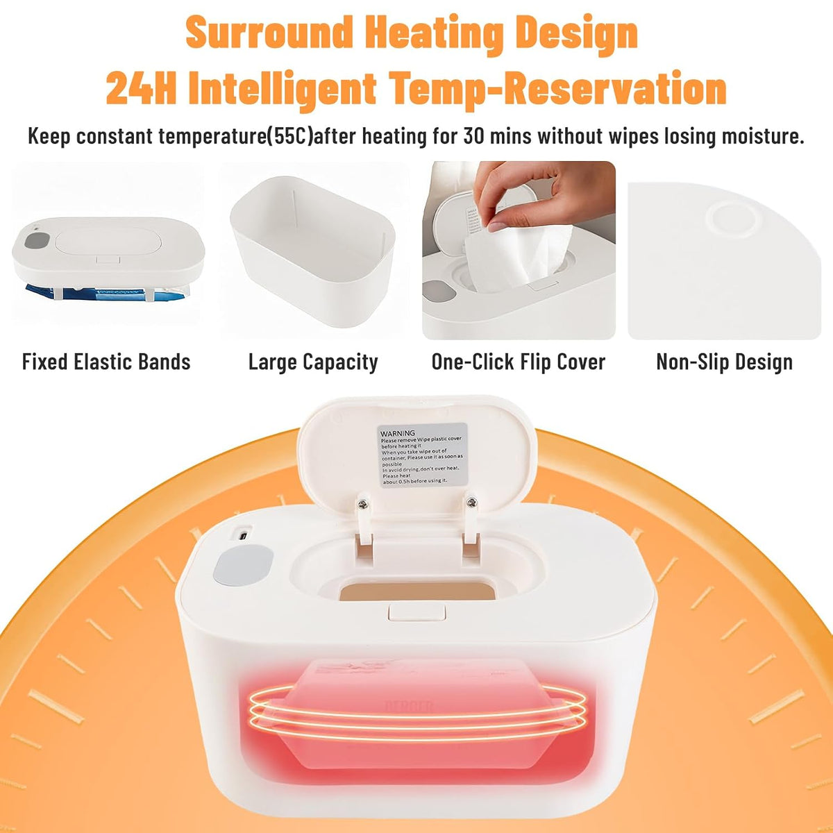 Baby Wipe Warmer, Portable Wet Wipe Warmer & Diaper Wipe Warmer Dispenser with Large Capacity, Constant Temperature USB Powered Wipes Warmer for Home, Car & Travel, 7.87x4.72x3.74in, White