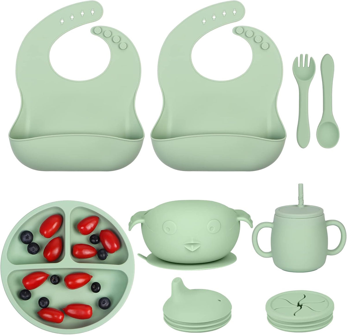 Silicone Baby Feeding Set 13 Piece, Baby Led Weaning Feeding Supplies, Strong Suction Bowl & Suction Plate, Adjustable Bibs, 4-in-1 Cup, Spoon, Food-grade Silicone (Green with white)