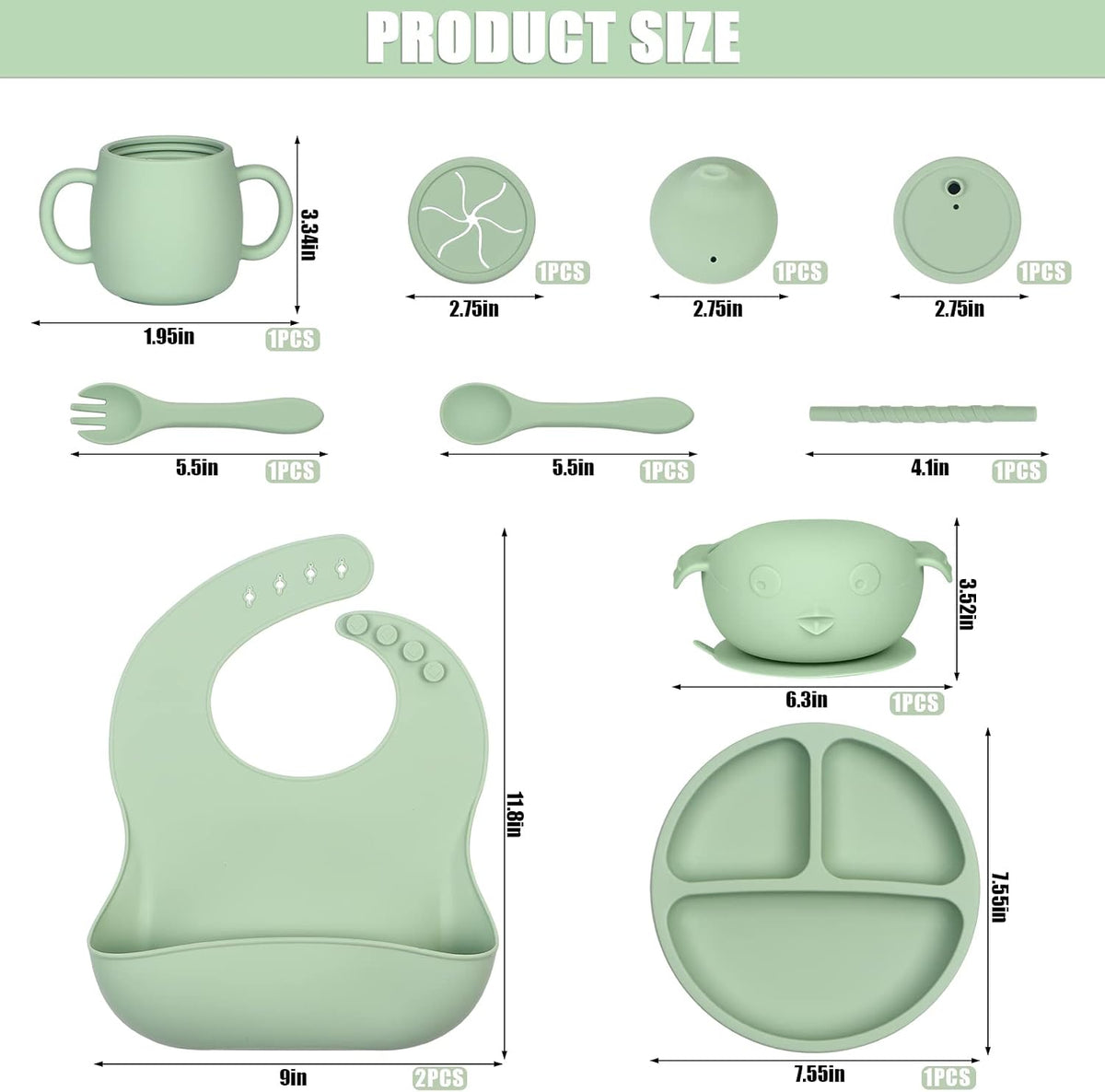 Silicone Baby Feeding Set 13 Piece, Baby Led Weaning Feeding Supplies, Strong Suction Bowl & Suction Plate, Adjustable Bibs, 4-in-1 Cup, Spoon, Food-grade Silicone (Green with white)