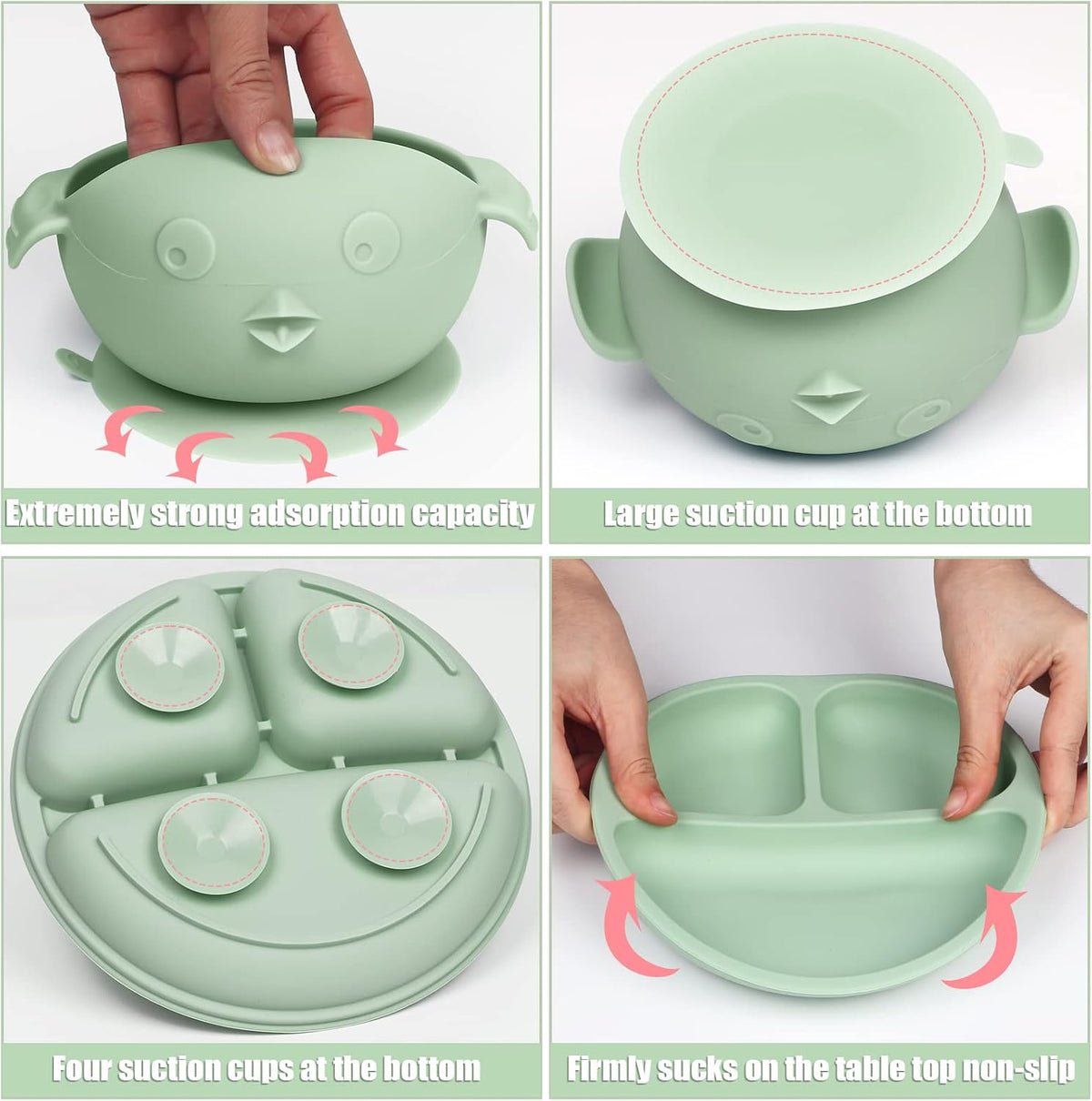 Silicone Baby Feeding Set 13 Piece, Baby Led Weaning Feeding Supplies, Strong Suction Bowl & Suction Plate, Adjustable Bibs, 4-in-1 Cup, Spoon, Food-grade Silicone (Green with white)