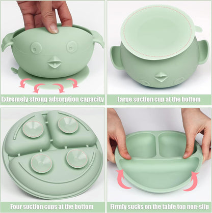 Silicone Baby Feeding Set 13 Piece, Baby Led Weaning Feeding Supplies, Strong Suction Bowl & Suction Plate, Adjustable Bibs, 4-in-1 Cup, Spoon, Food-grade Silicone (Green with white)