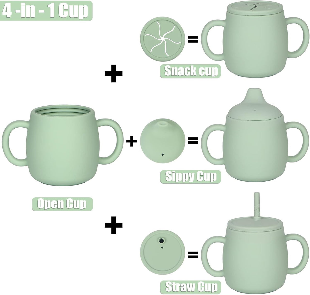 Silicone Baby Feeding Set 13 Piece, Baby Led Weaning Feeding Supplies, Strong Suction Bowl & Suction Plate, Adjustable Bibs, 4-in-1 Cup, Spoon, Food-grade Silicone (Green with white)