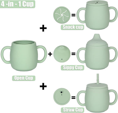 Silicone Baby Feeding Set 13 Piece, Baby Led Weaning Feeding Supplies, Strong Suction Bowl & Suction Plate, Adjustable Bibs, 4-in-1 Cup, Spoon, Food-grade Silicone (Green with white)