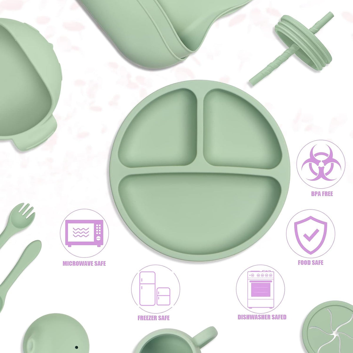 Silicone Baby Feeding Set 13 Piece, Baby Led Weaning Feeding Supplies, Strong Suction Bowl & Suction Plate, Adjustable Bibs, 4-in-1 Cup, Spoon, Food-grade Silicone (Green with white)