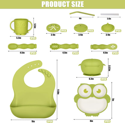 Silicone Baby Feeding Set 13 Piece, Baby Led Weaning Feeding Supplies, Strong Suction Bowl & Suction Plate, Adjustable Bibs, 4-in-1 Cup, Spoon, Food-grade Silicone (Green with white)